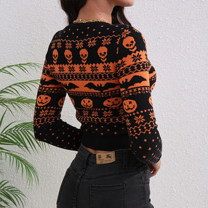 Contrast Color Jacquard Round Neck Sweater My Store 