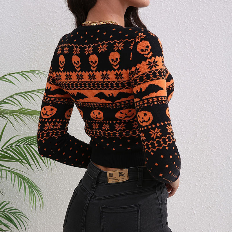 Contrast Color Jacquard Round Neck Sweater My Store 