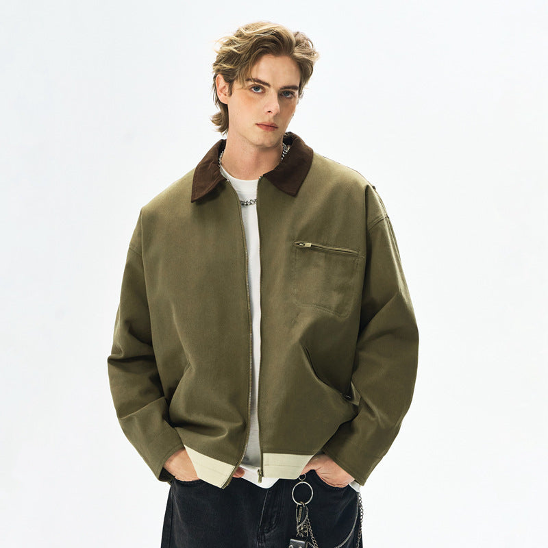 Men’s Contrast Color Washed Polo Collar Jacket - Loose Fit Cotton Long Sleeve My Store 