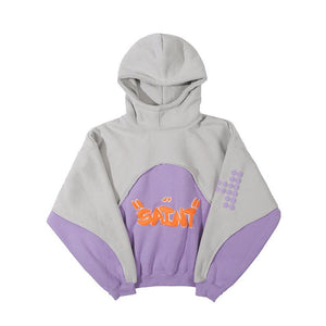 Stitching Contrast Color Velvet Padded Hooded Sweatshirt - Pullover in Black & Purple My Store  51.99