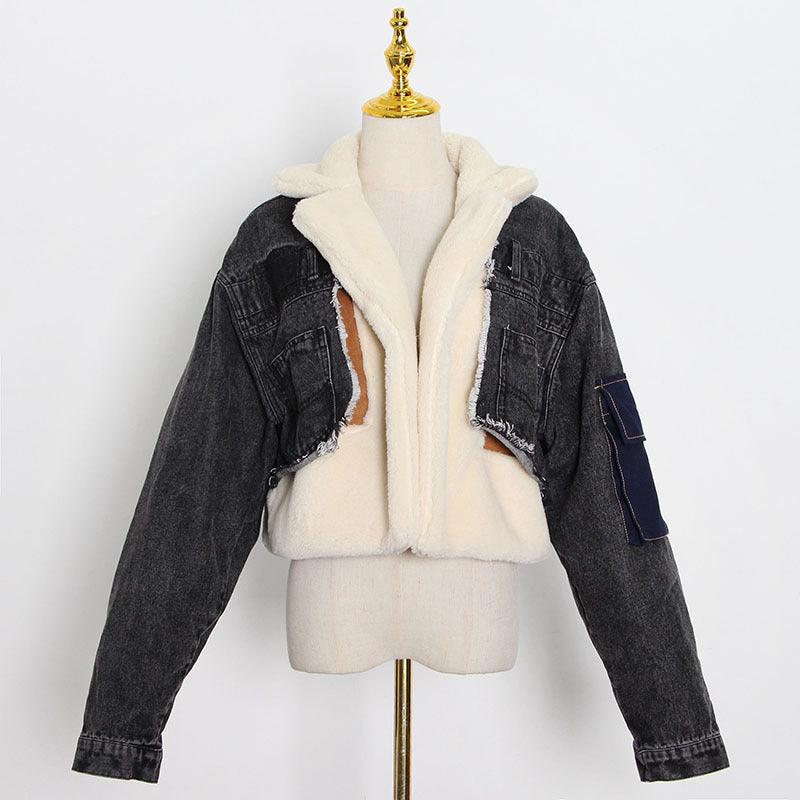 Fashion Stitching Loose Thick Casual Denim Lamb Wool Short Coat My Store  52.89