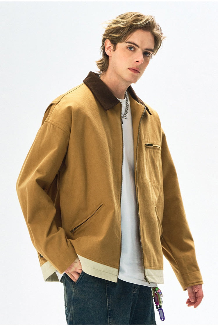 Men’s Contrast Color Washed Polo Collar Jacket - Loose Fit Cotton Long Sleeve My Store 