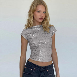 Shine Bright in Our Women's Casual Short Sequin Top My Store 