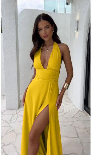 Halterneck V-Neck Slit Dress – Summer Backless Strappy Skirt for Women - MRC STORE