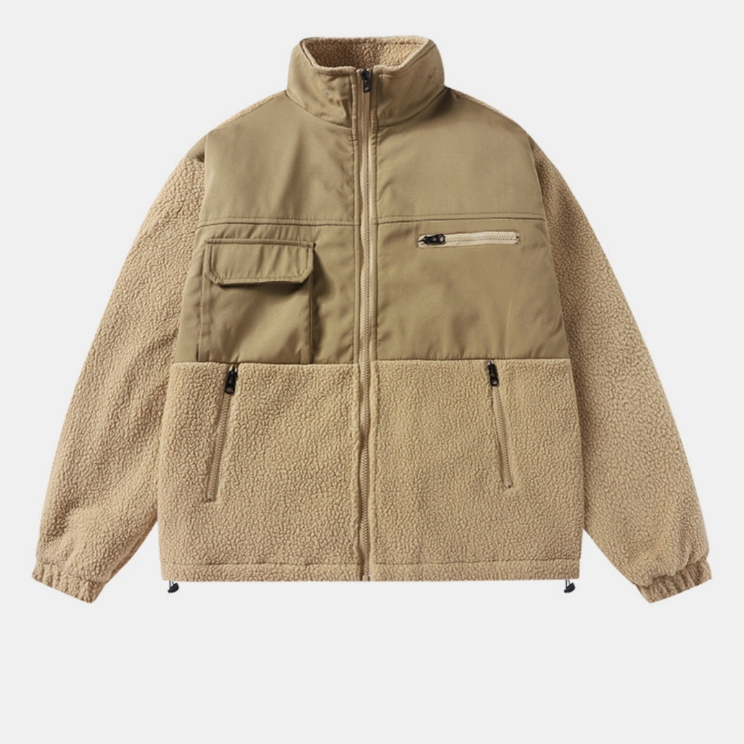Beige jacket with a sherpa-like texture on a white background