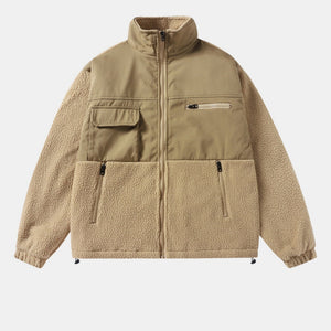Beige jacket with a sherpa-like texture on a white background