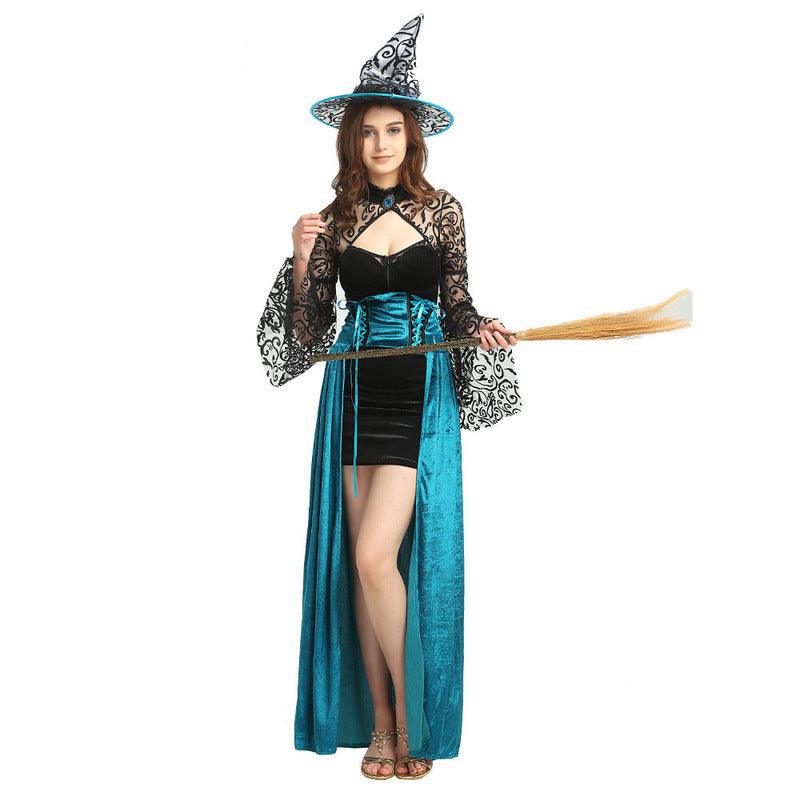 Elegant Blue Witch Halloween Cosplay Stage Costume - Polyester Knitted Fabric My Store 