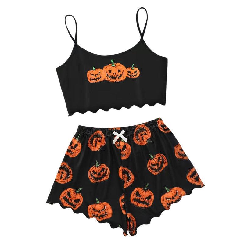 Halloween Pumpkin Print Sleeveless Sling Top and Shorts Pajama Set My Store 