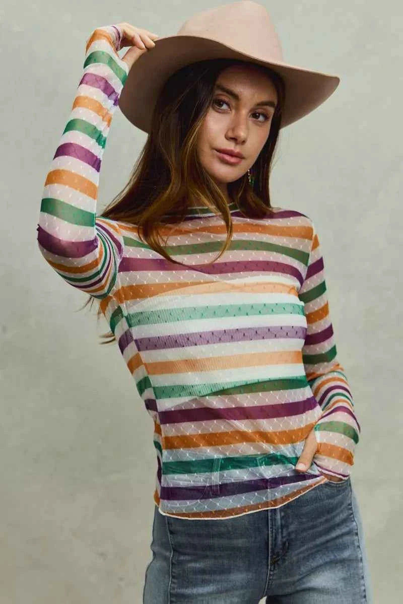 SO ME Mardi Gras Color Stripe Stretch Mesh Top
