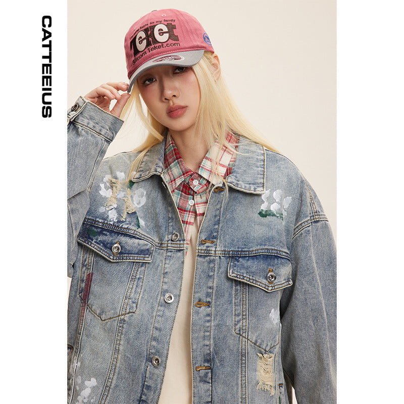 Unisex Washed Graffiti Ripped Denim Jacket - Retro My Store 