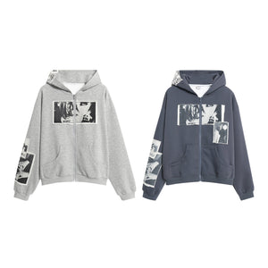 Two hoodies, one gray and one navy, with graphic designs on a white background.