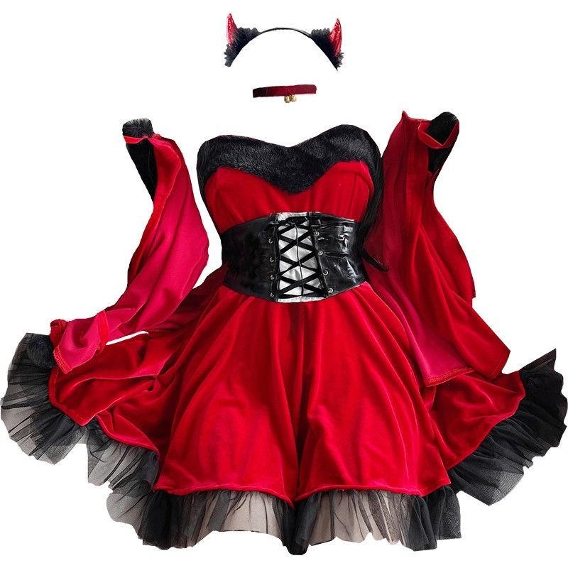 Halloween Witch Tabard Costume - Velvet 4-Piece Set with Cloak, Belt, Gloves & Dress My Store 