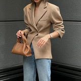 Elegant Business Suit Coat - MRC STORETopMy StoreA woman wearing a beige business suit coat with long sleeves, paired with blue jeans, carrying a brown handbag, and standing against a grey background.MRC STORECJYD211735003CXKhakiL