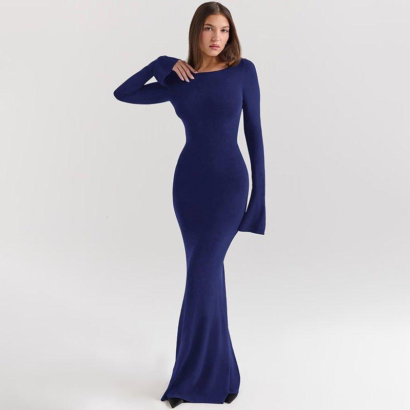 Elegant Solid Color Dress Backless Slim Fit Long Dress – High Waist Fashion - MRC STORE