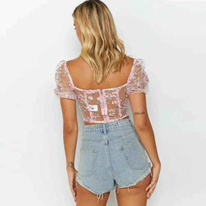 Embroidered Mesh Short T-Shirt - MRC STOREtopMy StoreEmbroidered Mesh Short T-ShirtMRC STORECJNSSYCS05221-Pink-LPinkL