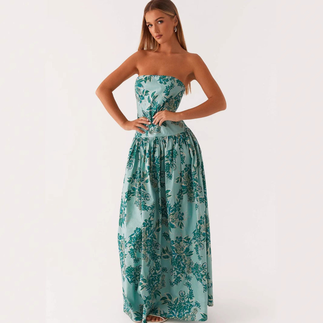 boho style strapless printed long summer dress – side angle view on model