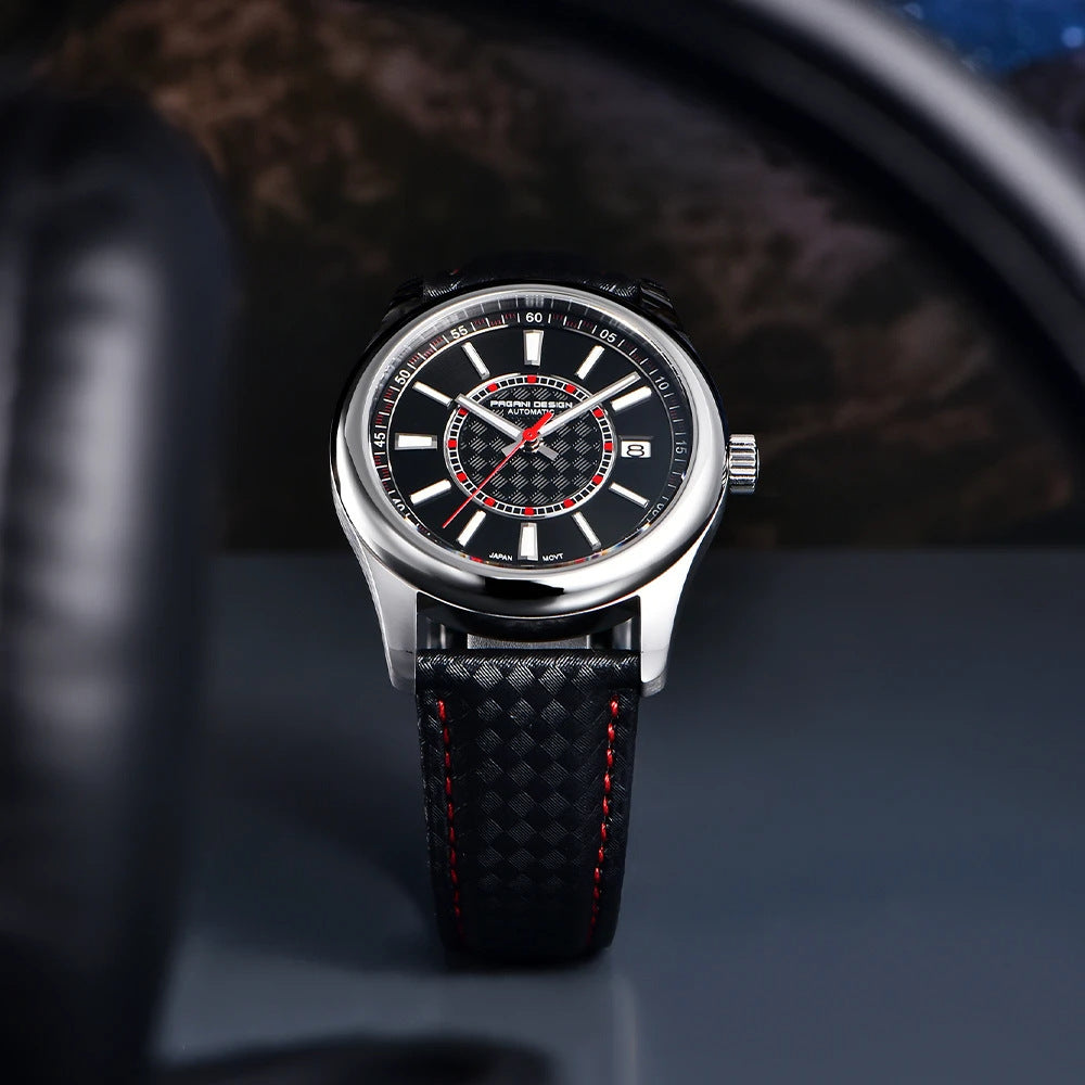 Luxury watch with black strap and detailed face on a dark background
