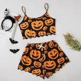 Halloween Pumpkin Print Sleeveless Sling Top and Shorts Pajama Set My Store  20.33