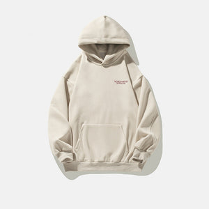 Beige hoodie with a brand logo on a white background