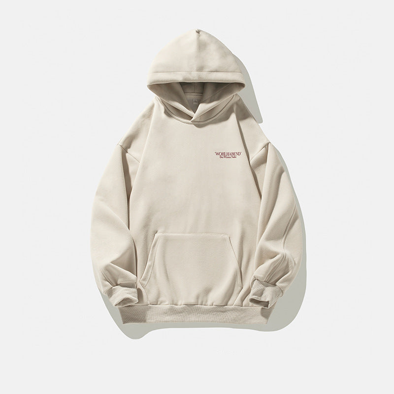Beige hoodie with a brand logo on a white background