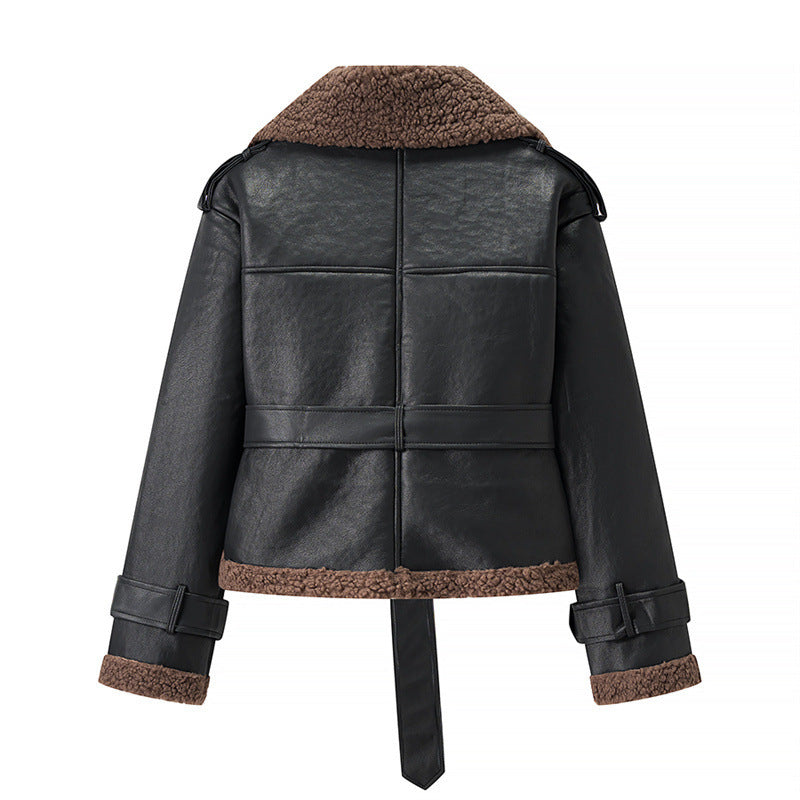 Black leather jacket with brown shearling trim on a white background