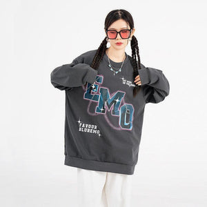 Fashion Letters Printed Long Sleeve Crew Neck Sweater - Hip Hop Style Pullover in Black & Gray - MRC STORE