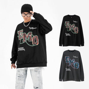 Fashion Letters Printed Long Sleeve Crew Neck Sweater - Hip Hop Style Pullover in Black & Gray - MRC STORE