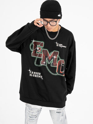 Fashion Letters Printed Long Sleeve Crew Neck Sweater - Hip Hop Style Pullover in Black & Gray - MRC STORE