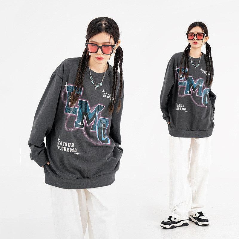 Fashion Letters Printed Long Sleeve Crew Neck Sweater - Hip Hop Style Pullover in Black & Gray - MRC STORE