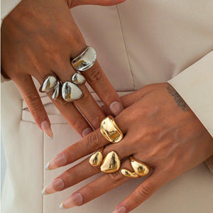 Fashionable Glossy Hug Ring Suit – Geometric Zinc Alloy Rings in Light Gold & White - MRC STORE