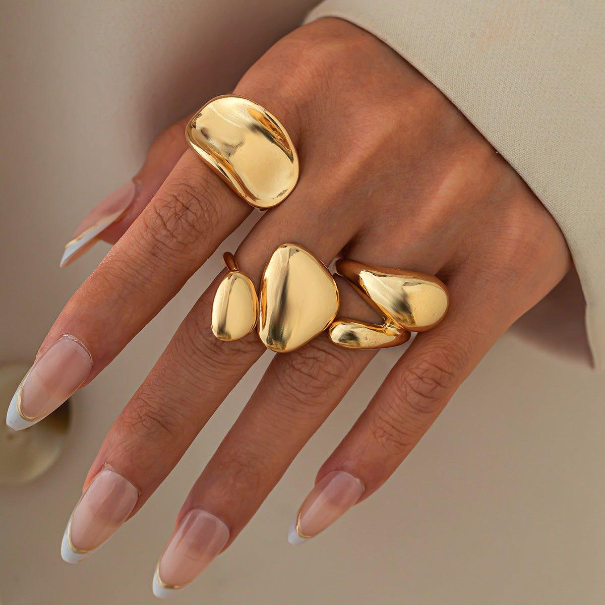 Fashionable Glossy Hug Ring Suit – Geometric Zinc Alloy Rings in Light Gold & White - MRC STORE