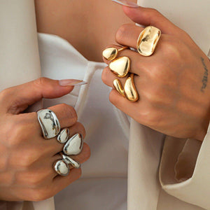 Fashionable Glossy Hug Ring Suit – Geometric Zinc Alloy Rings in Light Gold & White - MRC STORE