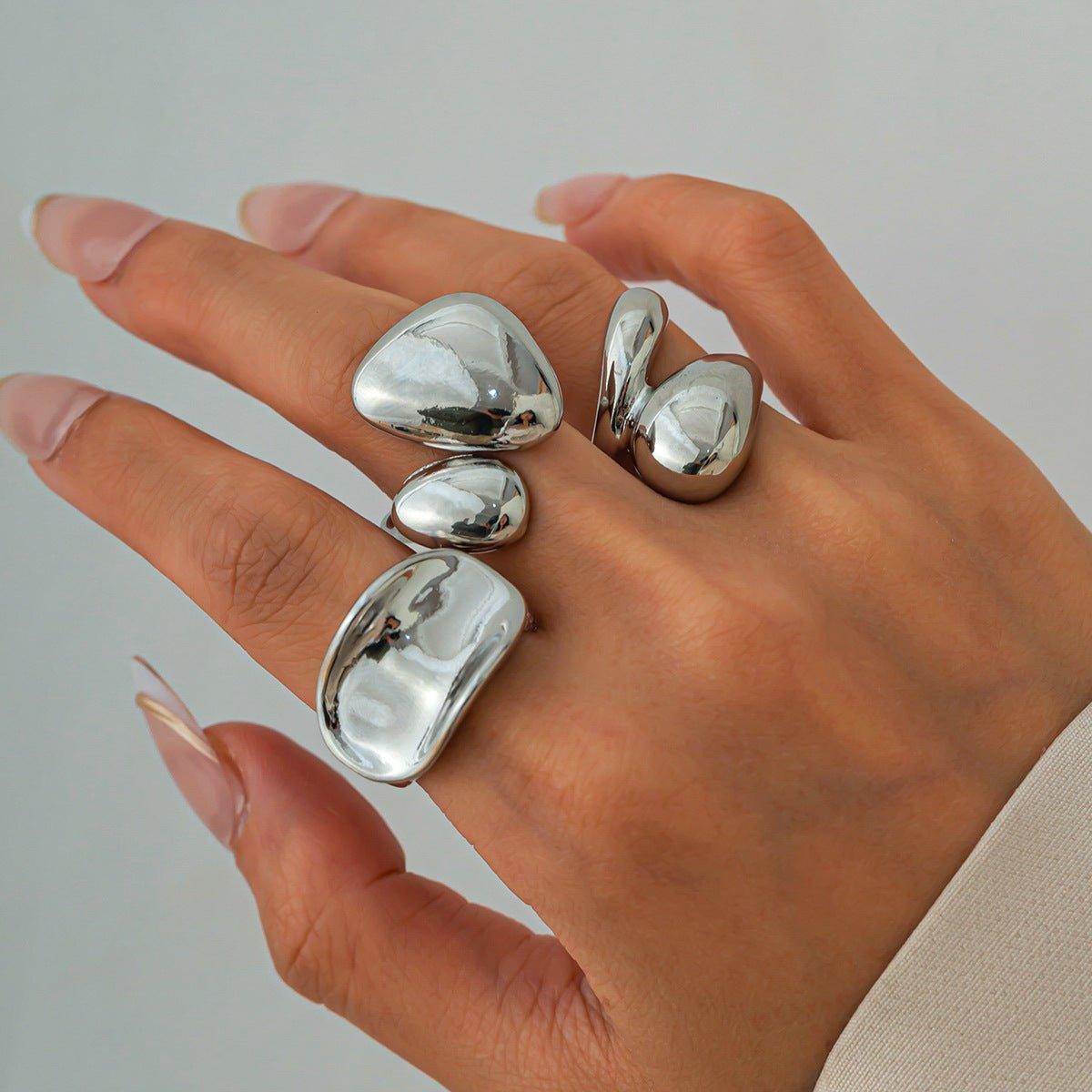 Fashionable Glossy Hug Ring Suit – Geometric Zinc Alloy Rings in Light Gold & White - MRC STORE