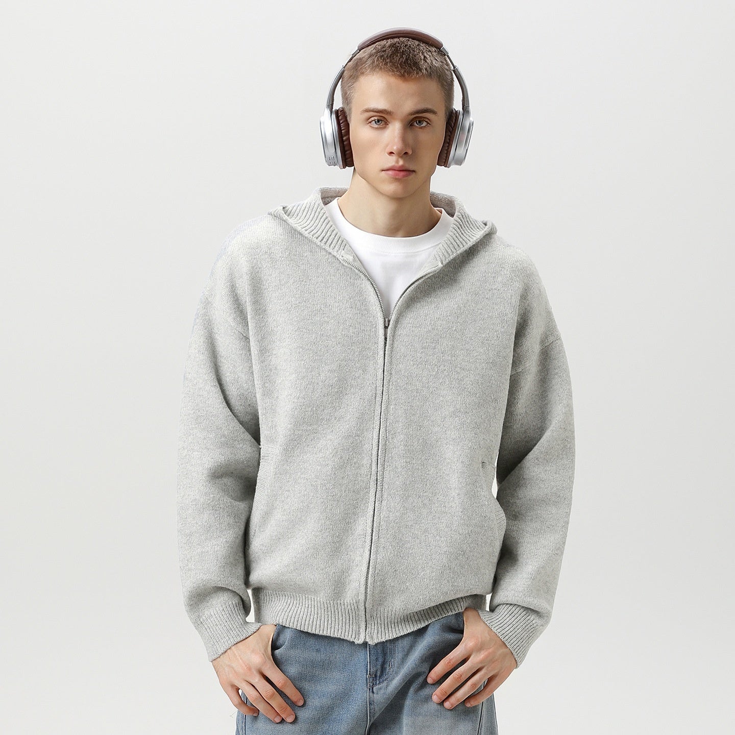 Faux Deer Velvet Retro Knit Hoodie - MRC STOREJacketsMRC STOREPerson wearing a gray zip - up hoodie and headphones on a light gray backgroundMRC STORECJYD259255904DWFlower Gray2XL