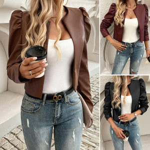 Solid Color Leather Cardigan Jacket My Store 