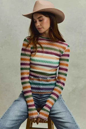 SO ME Mardi Gras Color Stripe Stretch Mesh Top