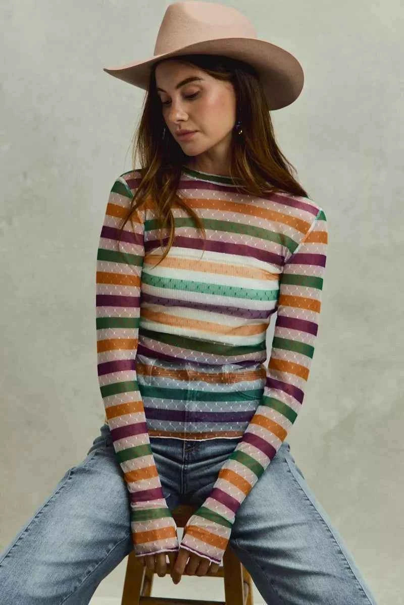 SO ME Mardi Gras Color Stripe Stretch Mesh Top