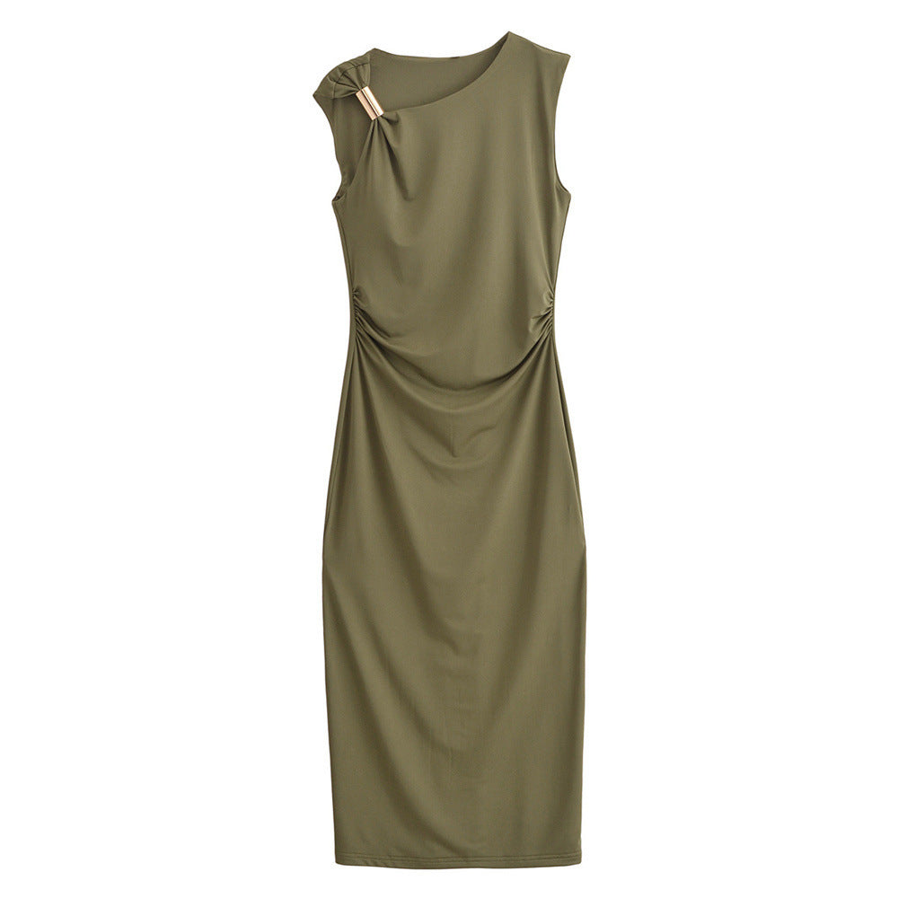 Green dress with a unique shoulder detail on a white background
