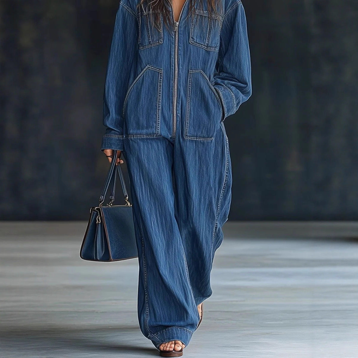 Person wearing a blue denim outfit holding a matching handbag on a neutral background