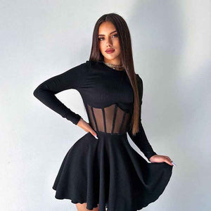 Fishbone Waist Mesh Spliced Mini Dress - MRC STOREDressMRC STOREFishbone Waist Mesh Spliced Mini DressMRC STORECJLY262697103CXBlackL