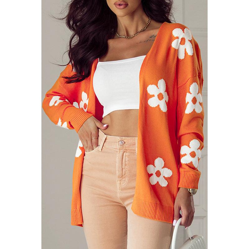 Floral Thermal Knit Cardigan – Loose Fit - MRC STORESweaters & HoodiesMy StoreFloral Print Thermal Knit Cardigan – Loose Acrylic Cardigan for Womem - MRC STOREMRC STORECJMY229228603CXLC2711718 OrangeL