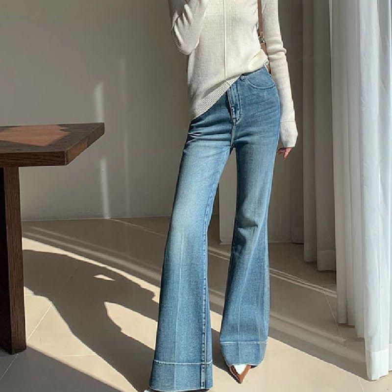 French Retro Style High Waist Bootcut Jeans for Women – Washed Denim Trousers - MRC STORE