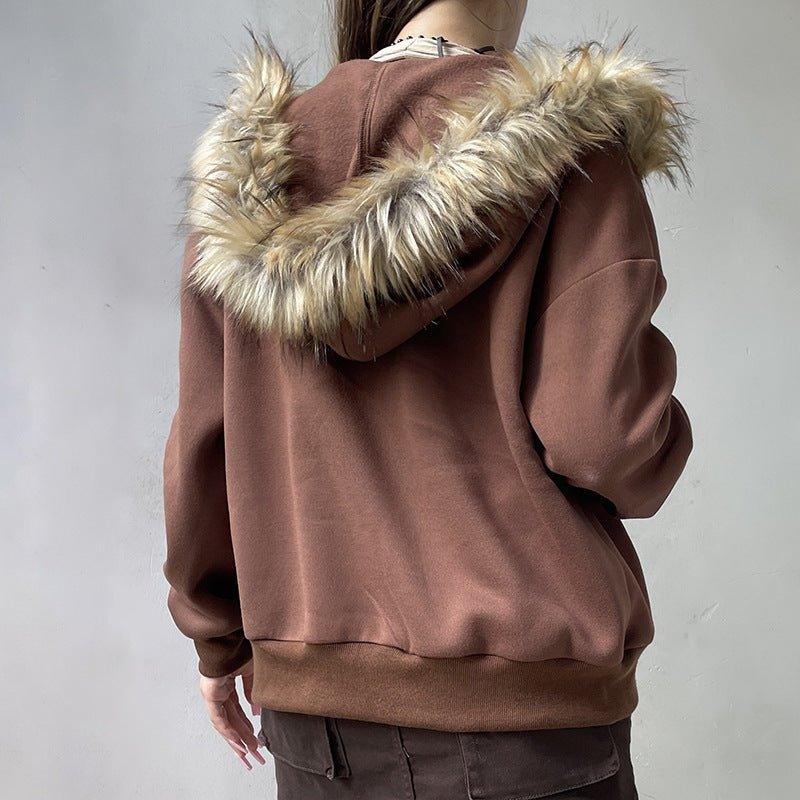 Fur Collar Hooded Sweatshirt – Retro Brown - MRC STOREHoodieMy StoreAmerican Retro Fur Collar Hooded Zipper Sweatshirt for Women - Street Hipster Style in Brown - MRC STOREMRC STORECJWY217064703CXBrownL