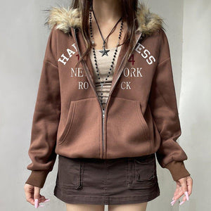 Fur Collar Hooded Sweatshirt – Retro Brown - MRC STOREHoodieMy StoreAmerican Retro Fur Collar Hooded Zipper Sweatshirt for Women - Street Hipster Style in Brown - MRC STOREMRC STORECJWY217064703CXBrownL
