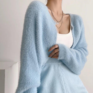 Furry Long Sleeve Cropped women's Cardigan Sweater – Soft Loose Fit Blouse Coat - MRC STORE