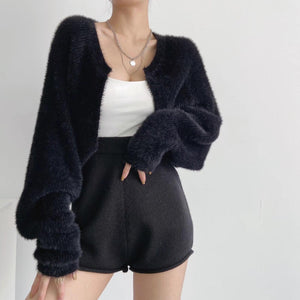 Furry Long Sleeve Cropped women's Cardigan Sweater – Soft Loose Fit Blouse Coat - MRC STORE