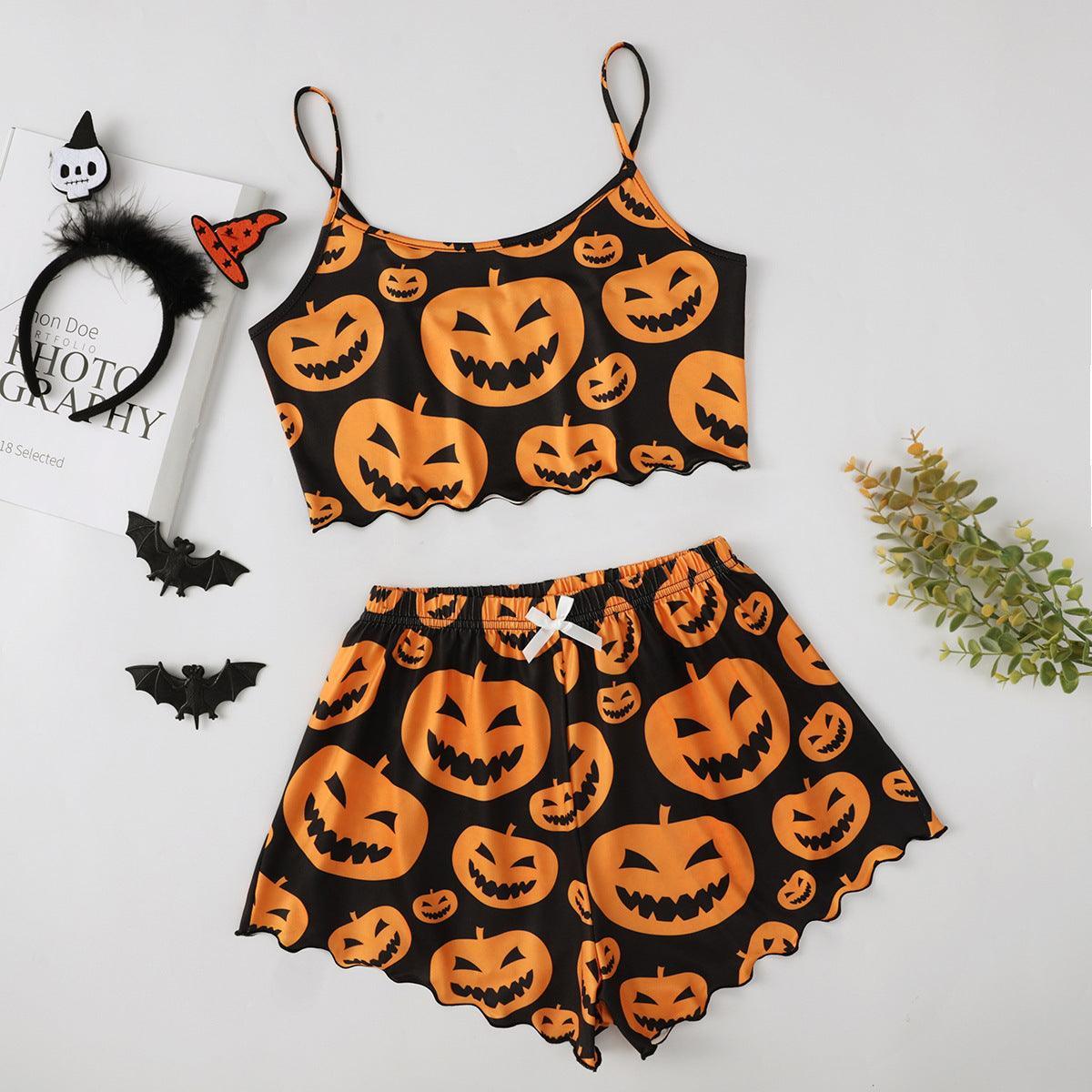 Halloween Pumpkin Print Sleeveless Sling Top and Shorts Pajama Set - MRC STOREsetMy StoreHalloween Pumpkin Print Sleeveless Sling Top and Shorts Pajama Set - MRC STOREMRC STORECJYD215179407GT9548styleL