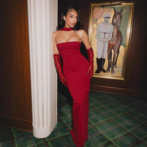 Halter Dress - Skinny Party Long Dress - MRC STOREDressMy StoreWoman in a red dress and gloves posing in a room with a painting of a person with a horse on the wall.MRC STORECJLY241574204DWRedL
