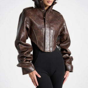 High - End Short PU Leather Fishbone Coat - MRC STOREJacketsMRC STOREBrown leather jacket worn by a person on a white backgroundMRC STORECJYD255459003CXBrownL