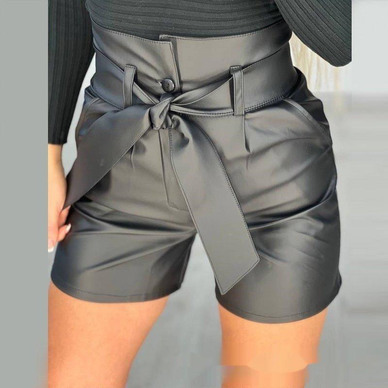 High Waist Black Strap PU Shorts with Belt - Sleek and Stylish - MRC STORE